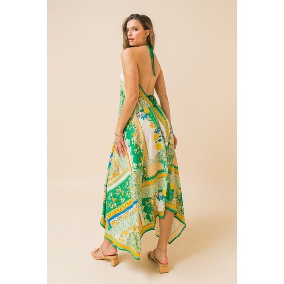 Flying Tomato Green & Ivory Patchwork Print Hanky Hem Halter Dress - Picture 7 of 9